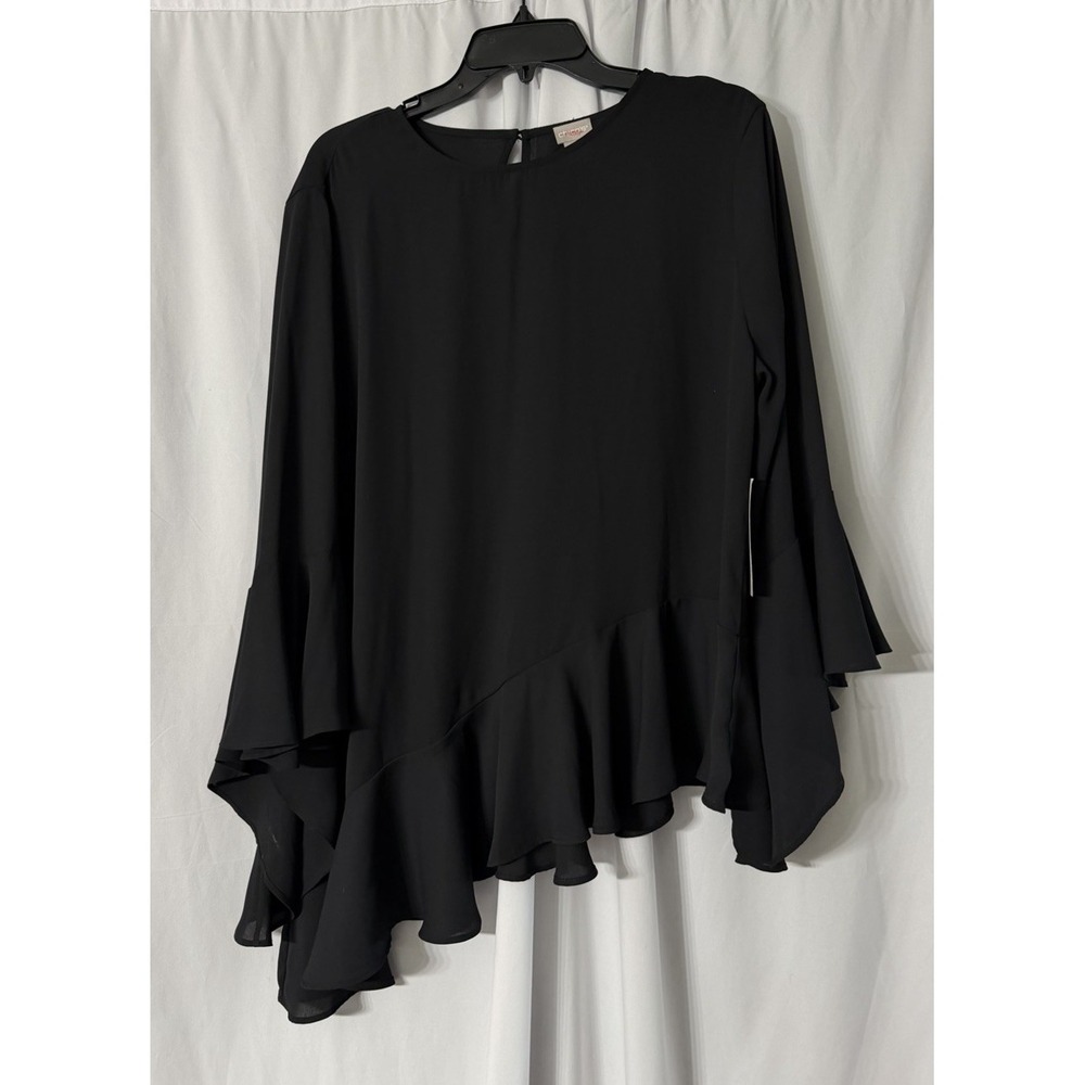 NWT Chicos Womens Black Pullover Asymetrical Flounce Hem 3/4 Sleeve Shirt 2(L)